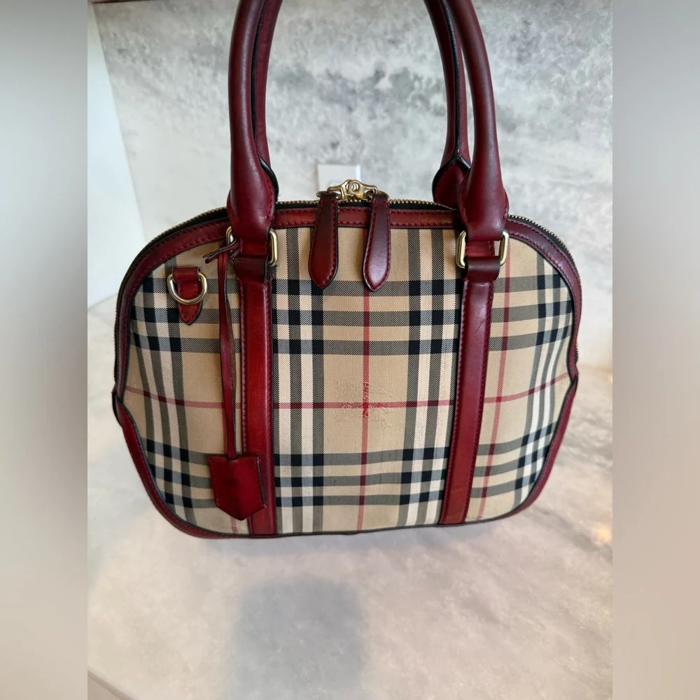BURBERRY Vintage Haymarket Check Satchel with Red Leather Trim Handbag - Picture 3 of 17
